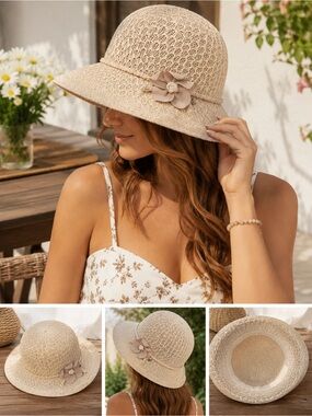 Women’s Beige Woven Sun Hat | Floral Accent Wide Brim Summer Hat